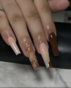 Brown Encapsulated Nails, November Long Nails, Professional Office Nails Classy, Cute Brown Nails Acrylic, Brown Medium Nails, Fall Baddie Nails Brown, French Tip Nails Baddie, Brown Nails Design Coffin, Brown Acrylic Nails Ideas