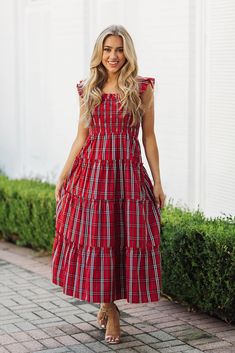 J. Marie Noelle Ruffle Strap Midi Dress in Red Mini Gingham – THE LUCKY KNOT Red Gingham Dress, Barbour Women, Red Plaid Dress, Ruched Bodice, Red Gingham, Red Midi Dress, Gingham Dress, Christmas Dress, Red Plaid