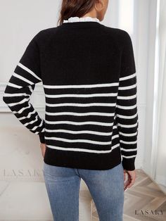 Lasaky - Womens Striped Lace Mock Neck Pullover Sweater with Long Sleeve Button Decor - A Casual and Fashionable Addition to Your Wardrobe Winter Crew Neck Sweater With Button Closure, Cozy Crew Neck Sweater With Button Closure, Striped Sweater With Button Closure For Fall, Striped Long Sleeve Sweater With Button Closure, Casual Striped Sweater With Button Closure, Fall Striped Sweater With Button Closure, Striped Winter Sweater With Button Closure, Winter Striped Sweater With Button Closure, Striped Long Sleeve Sweater With Buttons