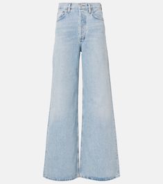 Dame Jean high-rise wide-leg jeans in blue - Agolde | Mytheresa Modern Light Wash Cotton Jeans, Classic High Waist Flare Jeans With Button Closure, Modern High Rise Light Wash Flare Jeans, Everyday Wide Leg Jeans With Button Closure, Wide Leg Jeans With Button Closure For Everyday, Modern Medium Wash Cotton Flare Jeans, Trendy Wide Leg Flare Jeans With Button Closure, Modern Flare Jeans In Rigid Denim, Classic High Rise Flare Jeans With Button Closure