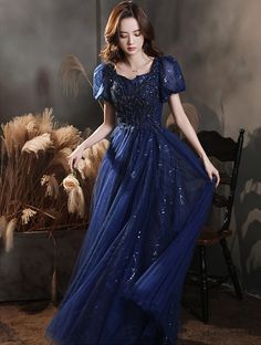 Modern Princess Dress Gowns, Princess Dress Gowns, Sparkly Puffy Sleeve Dress Dark Blue, Elegant Blue Victorian Evening Dress, Constellation Dress Blue, Modern Princess Dress, Elegant Blue Floor-length Victorian Dress, Elegant Blue Victorian Floor-length Dress, Prom Dress Modest