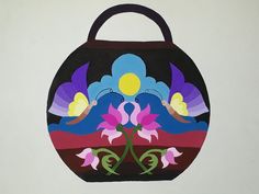 a painting of a purse with flowers and birds on it's handle, hanging from the wall