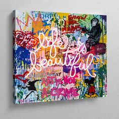 an art piece with the words hello beautiful painted on it's side in white lettering