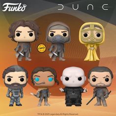 five funkyo pop vinyl figures are shown in front of an orange background with the words funkyo on it