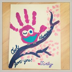 a handprint with the words card for you and an image of a bird on a tree branch