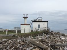 an old lighthouse is surrounded by driftwood on the shore