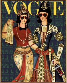 a painting of two women in costume on the cover of a magazine, with an advertisement for voge