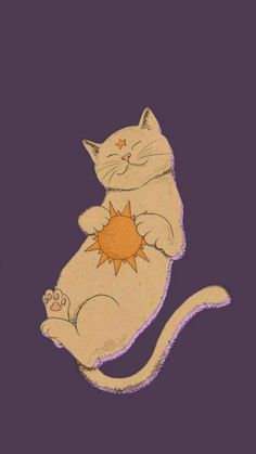 a drawing of a cat with a star on it's chest, sitting in front of a purple background