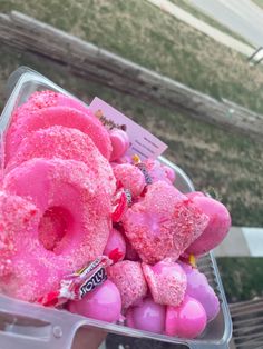 a container filled with pink donuts covered in sprinkles next to a park bench