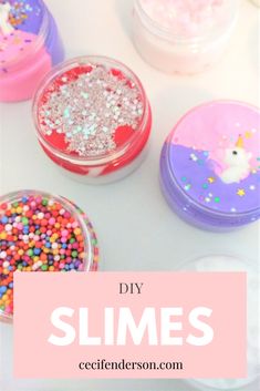 diy slimes for kids with sprinkles and glitter in small containers