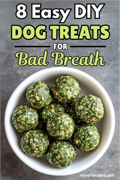 a bowl full of dog treats with the title 8 easy diy dog treats for bad breath