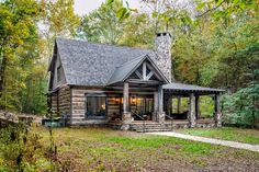 a log cabin in the woods surrounded by trees