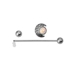 Elevate your industrial ear cartilage piercing to celestial heights with our Surgical Steel Industrial Barbell 14 Gauge 38 MM & Crescent Moon Opal. Crafted from high-quality 316L surgical steel and featuring a mesmerizing synthetic opal crescent moon, this barbell is a stunning addition to your jewelry collection. Available in silver, black, and rose gold, each barbell undergoes ion plating for enhanced durability and a lustrous finish. The synthetic opal comes in three captivating colors: white Ear Cartilage Piercing, Industrial Barbell, Synthetic Opal, Cartilage Piercing, Pink Opal, Crescent Moon, Crescent, Jewelry Collection, Opal