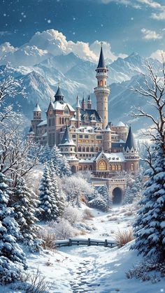 a painting of a castle in the middle of a snow covered forest with lots of trees