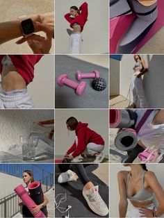 a collage of photos showing different types of exercise equipment and models in various poses