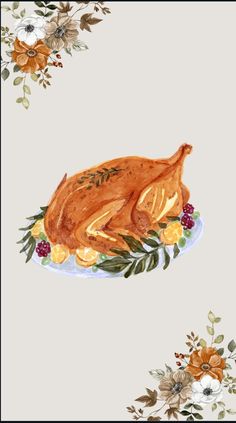 a watercolor painting of a turkey on a plate with flowers and leaves around it