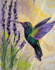 a painting of a hummingbird flying over lavender flowers