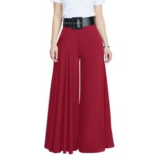 Red Pleated Wide Leg Long Pants Red Solid Color Bottoms For Fall, Non-stretch Red Pants, Red Pants For Workwear, Red Non-stretch Wide Leg Pants With Pockets, Non-stretch High Waist Burgundy Pants, Red Solid Long Pants, Casual Red Dress Pants For Spring, Red Solid Color Long Pants, Red Wide Leg Bottoms