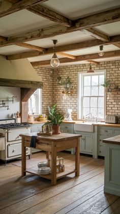 a kitchen with an island in the middle of it