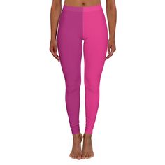 Make a bold statement with these pink and purple leggings.  Half pink leggings half purple leggings these colorful leggings are made of stretchy fabric that provides the perfect fit while remaining cool and sturdy during workouts. Athleisure has never been this comfy and fun. .: Material: 88% polyester, 12% spandex .: Skinny fit .: Double layer waistband .: Durable and stretchy fabric .: Sewn-in care label .: Assembled in the USA from globally sourced parts .: Please note: Slightly see-through when stretched. Some of the undyed white underneath material may become visible at the seams or where sewn. Rosa Leggings, Purple Leggings, Spandex Leggings, Legging Outfits, Pink Leggings, Outfits With Leggings, Colorful Leggings, Women's Leggings, Athleisure