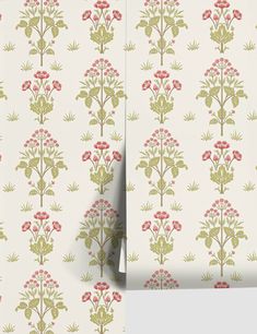 two wallpapers with flowers and leaves on them, one in green and the other in pink