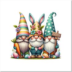 three gnomes standing next to each other with easter decorations on their heads and holding signs