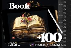 an open book with flowers on it and the words, 100 procreate stamps