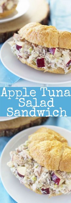 two plates with sandwiches on them and the words apple tuna salad sandwich in blue letters