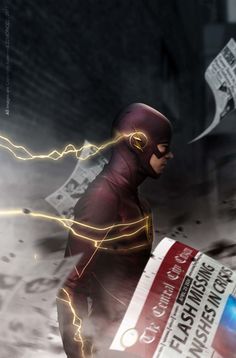 a man in a flash suit is holding a newspaper and looking at the camera while lightning strikes behind him