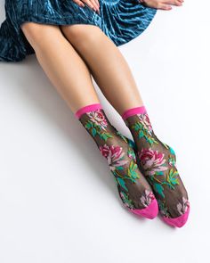 Floral Sheer Black Socks - Sock Candy Sock Candy, Black Sheer Fabric, Turquoise Heels, Patterned Tights, English Rose