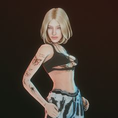 a woman with tattoos on her arms and chest standing in front of a black background