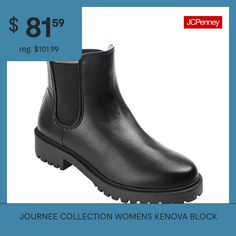 The Kenova by Journee Collection is a throwback from the 1990s that will quickly become a mainstay in your closet. Twin stretch gore panels are incorporated into this vegan leather chelsea bootie for a flexible fit. This vintage style is perfected with pull tabs, a lug sole, and an oh-so-soft 4mm true comfort foam footbed.Features: Lug Sole, ComfortClosure Type: Pull OnFootwear Technology: Memory Foam InsoleShaft Circumference: 10 InchesBoot Shaft Height: 5 InchesPlatform Shoe Height: 1 InchSho… Journee Collection, Lug Sole, Black Booties, Boots Booties, Bootie, Block Heels, Bootie Boots, Memory Foam, Vegan Leather