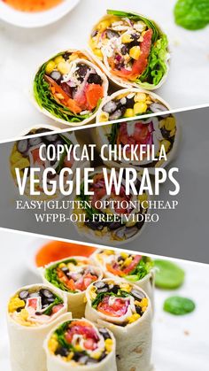 several wraps are stacked on top of each other with the words copycat chicken veggie wraps