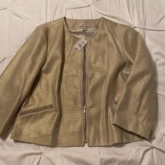 Nwt Cropped Jacket With Gold Accents. Gold Outerwear For Work In Spring, Casual Fitted Gold Outerwear, Gold Long Sleeve Outerwear For Spring, Gold Fitted Casual Outerwear, Mandarin Collar Jacket, Fitted Blazer Jacket, Herringbone Blazer, Asymmetric Jacket, Tan Blazer