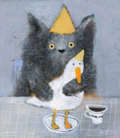 a painting of a cat holding a duck with a hat on it's head