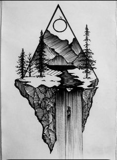 a drawing of mountains, trees and a lake in the middle with a triangle above it