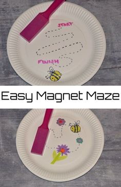 two paper plates with the words easy magnet maze painted on them, one is pink and the other is white