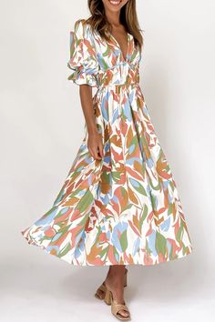 Casual Print Patchwork V Neck Cake Skirt Dresses Multicolor Short Sleeve Midi Dress, Spring Beige Non-stretch Dresses, Spring Non-stretch Beige Dresses, Beige Non-stretch Spring Dresses, Non-stretch Midi Length Maxi Dress For Brunch, Spring Flowy Maxi Dress With Full Skirt, Multicolor Non-stretch Midi Dress For Spring, Non-stretch Multicolor Midi Dress For Spring, Spring Multicolor Dress