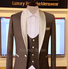 Tuxedo three piece suit with contrast shawl lapel, tuxedo suit, tuxedo suit with satin shawl lapel and single breasted vest Grey Three Piece Suit, Prince Jacket, Pocket Shirt Design, Grey 3 Piece Suit, Mens Tailored Suits, Waistcoat Designs, Prince Coat, Mens Tailor, Italian Suit