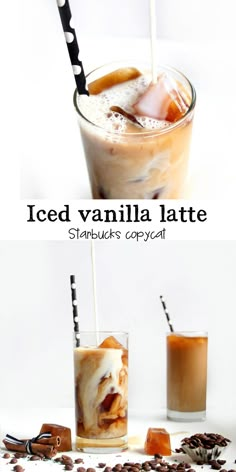 iced vanilla latte in two glasses with ice and coffee beans on the side, topped with whipped cream