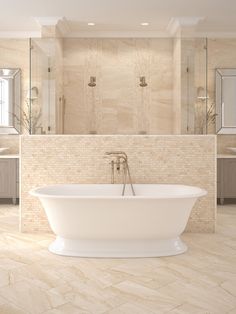 a bathroom with a tub, sink and mirrors on the wall in it's corner