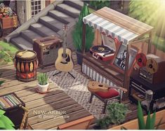 an artist's rendering of a living room with guitars and other musical instruments on the floor