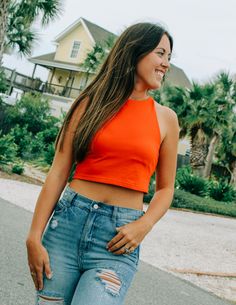 Not-Just-Your-Basic Crop Top – Sportin It Boutique Casual Orange Seamless Tops, Casual Stretch Crop Top For Spring, Trendy Stretch Orange Crop Top, Basic Crop Top, In Between, Small Crop Tops, Medium Purple, Spring Vibes, Knitting Materials