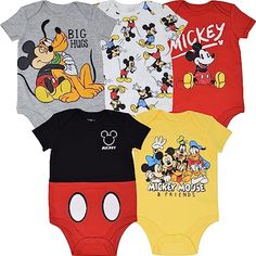 four mickey mouse onesuits are shown in different colors and sizes, including one with the