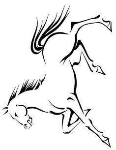 a black and white drawing of a horse with long manes, running on its hind legs