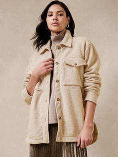 Shacket | Banana Republic Factory Collared Utility Jacket With Buttoned Pockets For Work, Chic Long-sleeved Shacket With Flap Pockets, Chic Long Sleeve Shacket With Flap Pockets, Beige Shacket With Pockets For Work, Collared Utility Jacket With Flap Pockets, Shacket With Flap Pockets And Lapel Collar For Work, Collared Workwear Outerwear With Pockets, Collared Shacket With Pockets For Work, Collared Shacket For Work