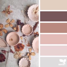 the color palette is pale, brown and pink with some leaves on top of it