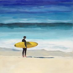 a painting of a man with a surfboard on the beach looking out at the ocean