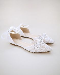 FIT: STYLE RUNS LARGE, ORDER 1/2 SIZE SMALLER  Crochet lace pointy toe flats for comfortable wear throughout your special day. We've added satin lace up ribbon to make this a ballerina shoe. Perfect wear as bridal shoes, bridesmaids, mother of the bride, bridal shower, romantic dining, or any of your special events. ** YOU CAN CHOOSE TO DO ANKLE STRAP IN SATIN BALLERINA LACE UP, ORGANZA BALLERINA LACE UP, ANKLE STRAP OR PEARLS ANKLE STRAP- OPTION IS AVAILABLE AT CHECKOUT ** DETAILS: COLORS AVAIL Flats For Wedding, Shower Romantic, Women Wedding Shoes, Shoes Bridesmaid, Wedding Shoes Bridesmaid, Pointy Toe Flats, Bridesmaid Shoes, Womens Wedding Shoes, Ballerina Shoes