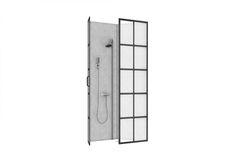 an open shower door on a white background